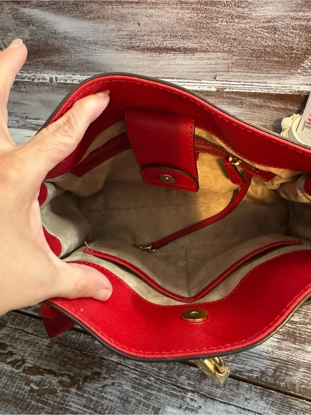 Michael Kors Red Saffiano Satchel with Gold-Tone Lock